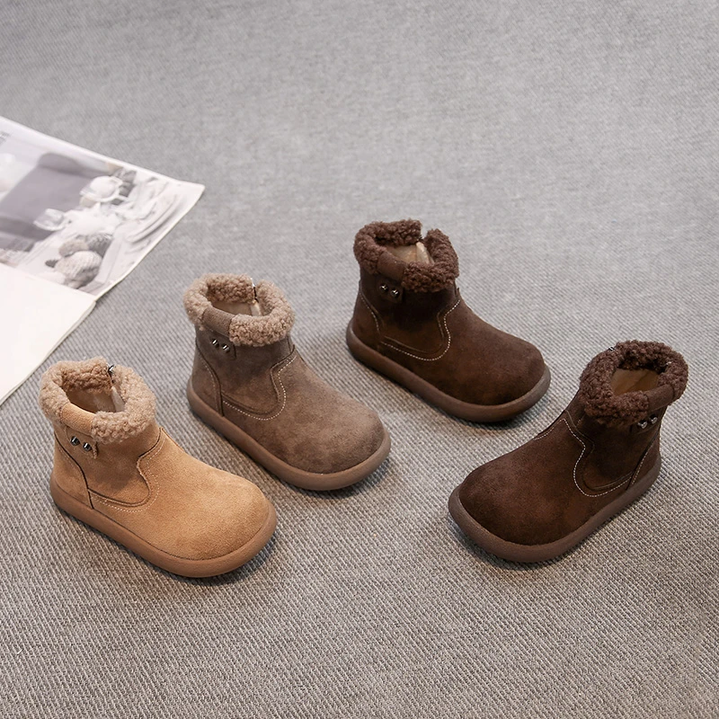 

Children Leather Boots Side Zipper Kids Short Boots Retro Round Toes 2025 Winter New Boys Girls Princess Boots Suede Warm Soft
