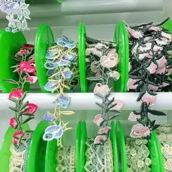 2 Yards 2cm wide Pink Green Polyester Flowers Embroidered Lace Trim Ribbon Handmade DIY Sewing Craft For Costume Hat Decoration
