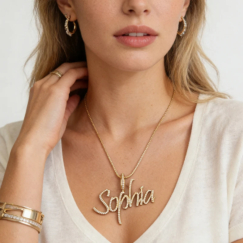 Custom Name Necklace Hand Lettering Font Cubic Zirconia Personalized Word Pendant Special Gift  Drop Shipping