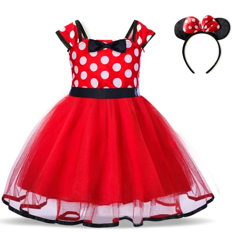 Baby Girls Dress 2024 Summer Kids Bow Dots Dress Headband Cartoon Minni Mouse Costume Children Christmas Birthday Party Clothes