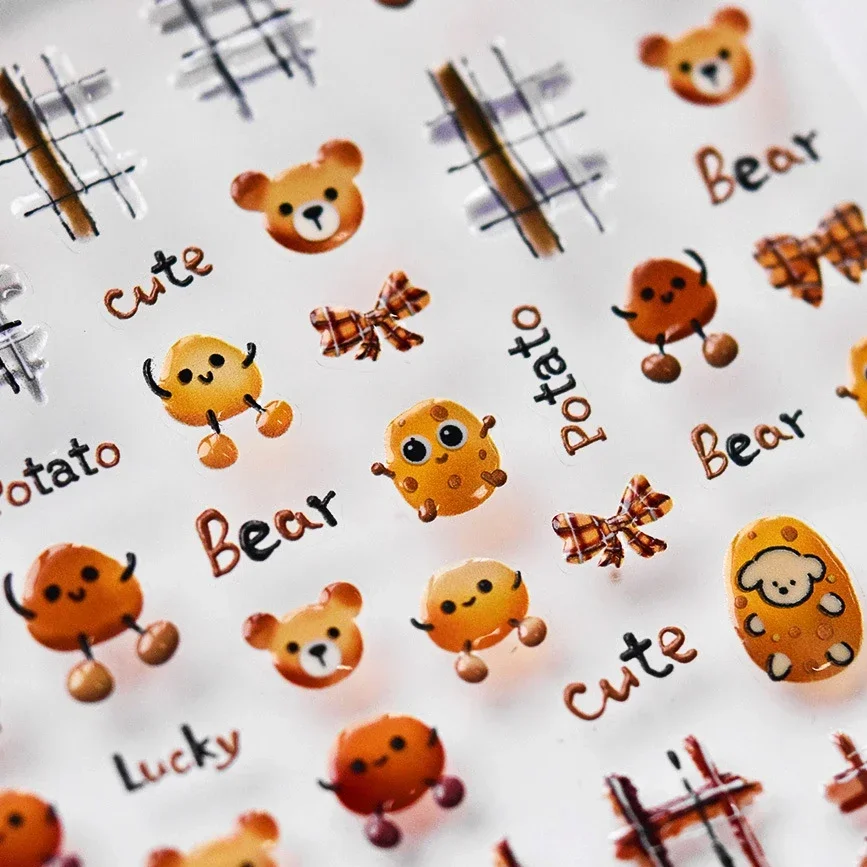 Jelly Potato Bowknot Cute Brown Grid Bear Pretty Love Heart Bunny Halloween Y2K Embossed Relief Nail Art Stickers Manicure Decal