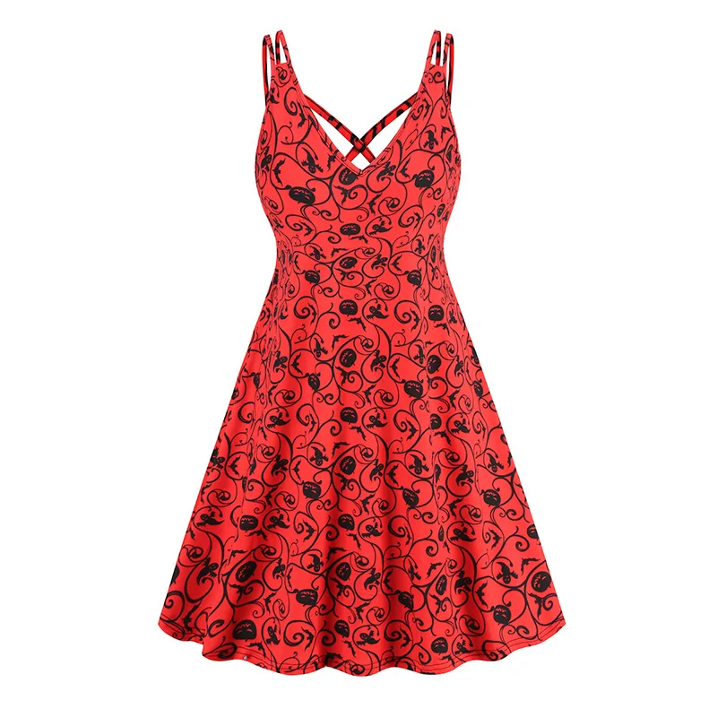 

2024 New Retro Bat Print Halloween Dress Party Night Women Criss Cross V-Neck Spaghetti Strap Fit and Flare Vintage Sexy Dresses