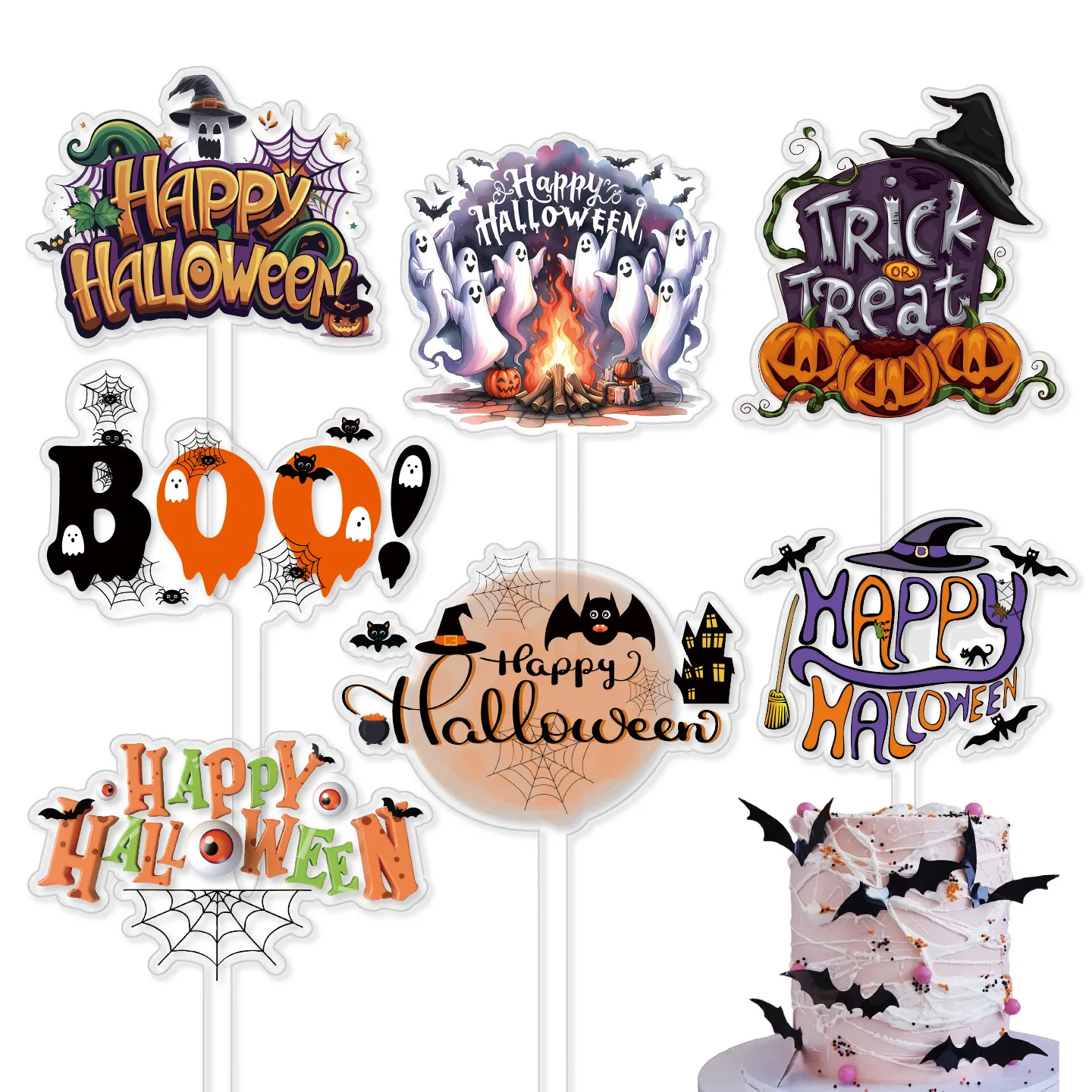 

Happy Halloween Acrylic Cake Topper Cupcake Decoration Spider Castle Ghost Festival Party Cake Decor Trick or Treat Supplies