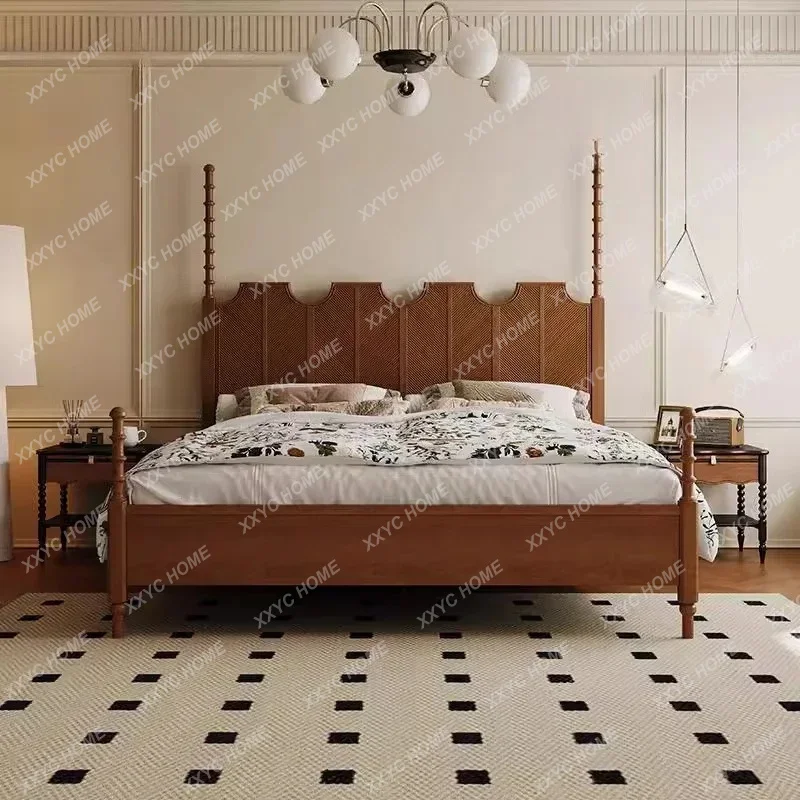 Solid Wood Master Bedroom Atmospheric Retro Shelf Bed 1.8 Meters Antique  Ash Wood Double Bed