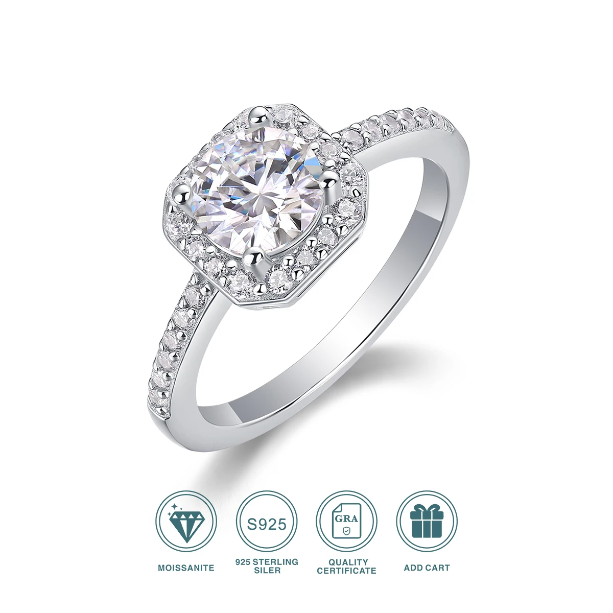 JIUZUAN 1Ct Moissanite Bridal Ring, S925 Silver, 18K White Gold Plated, Octagon Halo with Pave Band, Perfect for Engagement