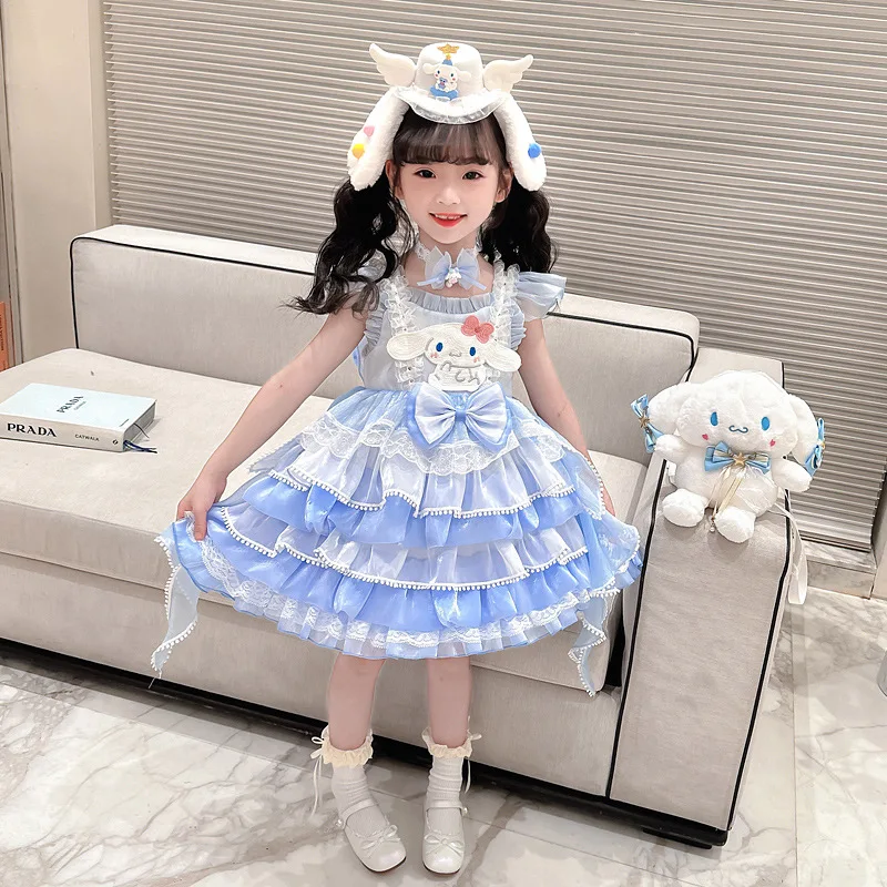 

Cartoon Cinnamoroll Girls' Lolita Princess Dress Flying Sleeves Blue Dress Kawaii Children Birthday Summer Puffy Dress
