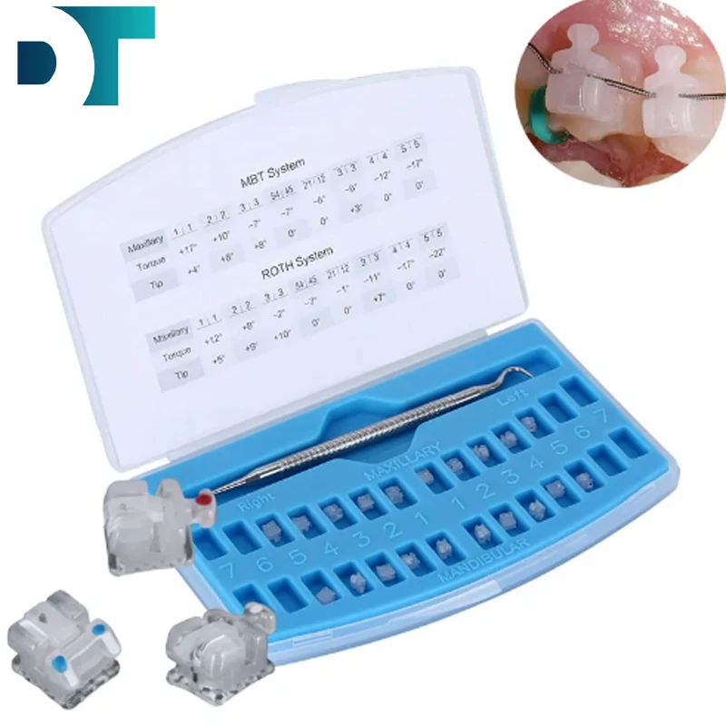 Dentst 20Pcs/set Orthodontic Dental Self-Ligating Ceramic Bracket Brace Roth / MBT 0.022 With Hook 3-4-5+ Dentist Tool