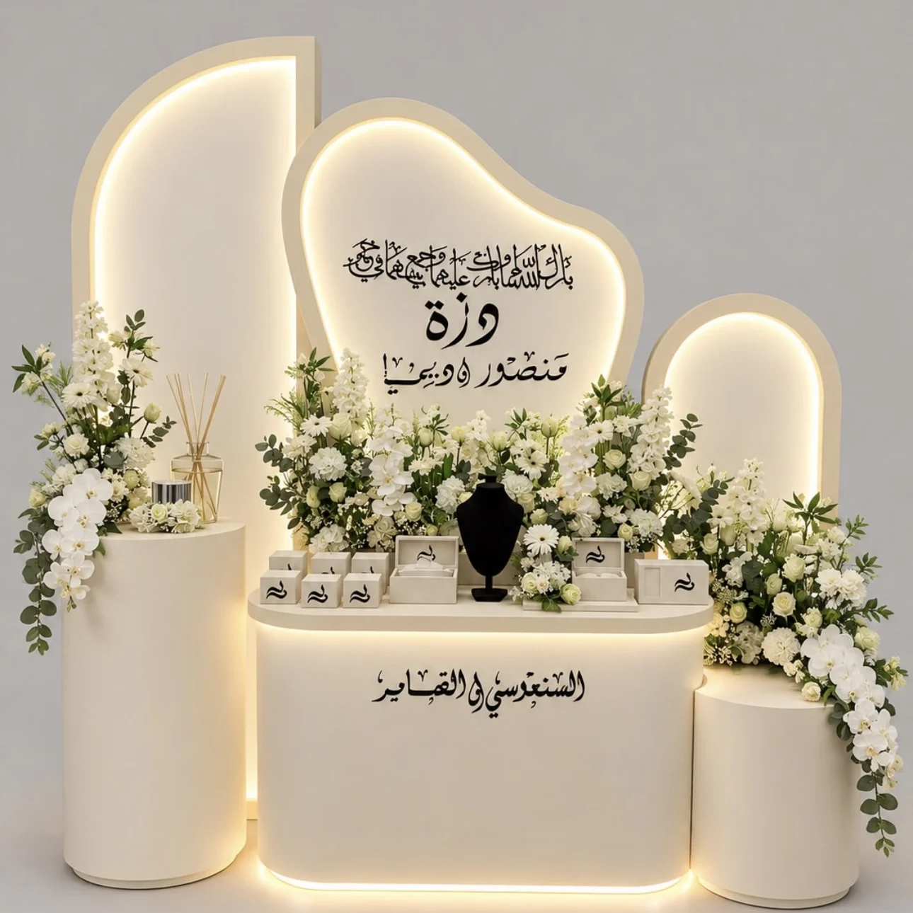 Newly Customized White Acrylic Wedding Perfume Bar Table LED Illuminated Wedding Backdrop Arches for Wedding Ceremony