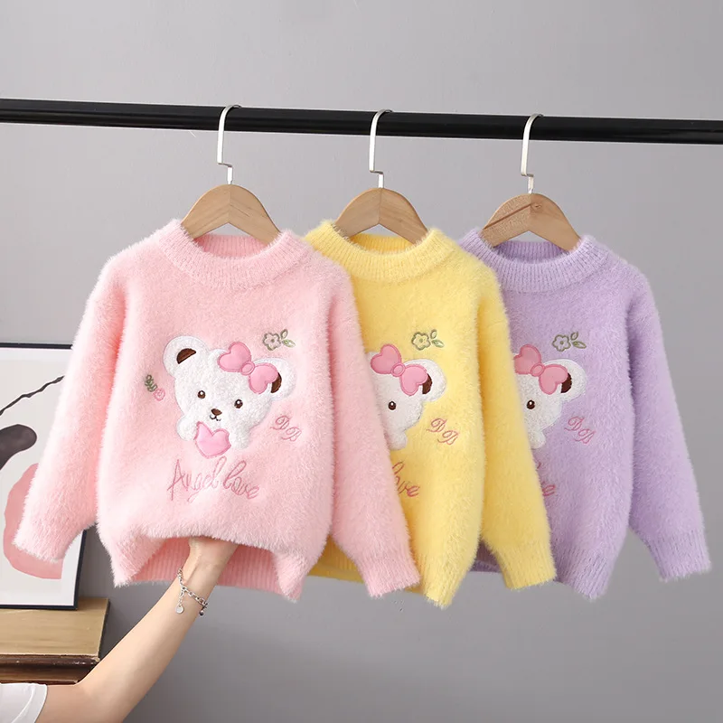 

Autumn Winter Girls Sweater Keep Warm Little Girl Cotton Clothing Cartoon Bear Flocking Pullover Knitting Sweaters Kids