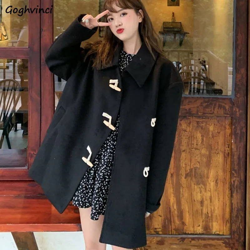 

Black Blends Women Korean Fashion Loose Horn Button High Street Elegant Coats All-match Outwear Autumn Winter Streetwear Newly