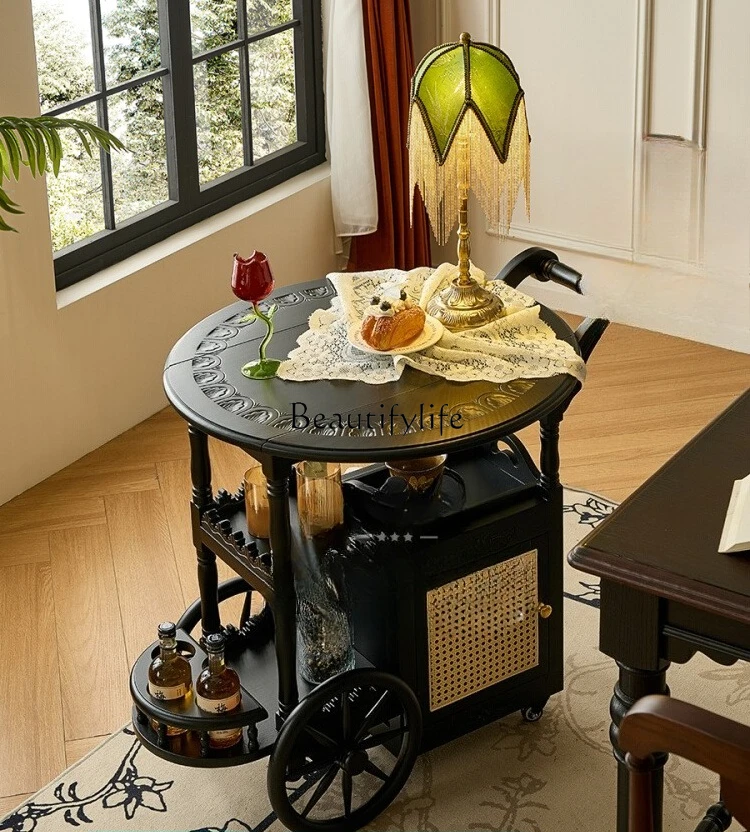 

French retro solid wood folding coffee table black mobile small dining car