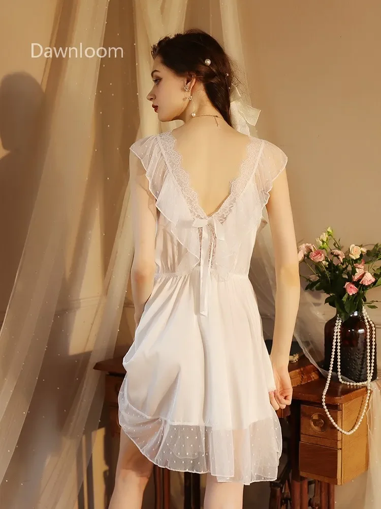 Dawnloom Women's White Deep V Lace Silk Nightgown with Bowknot Polka Dot Mesh Ruffle - Luxury Loungewear Sleepwear