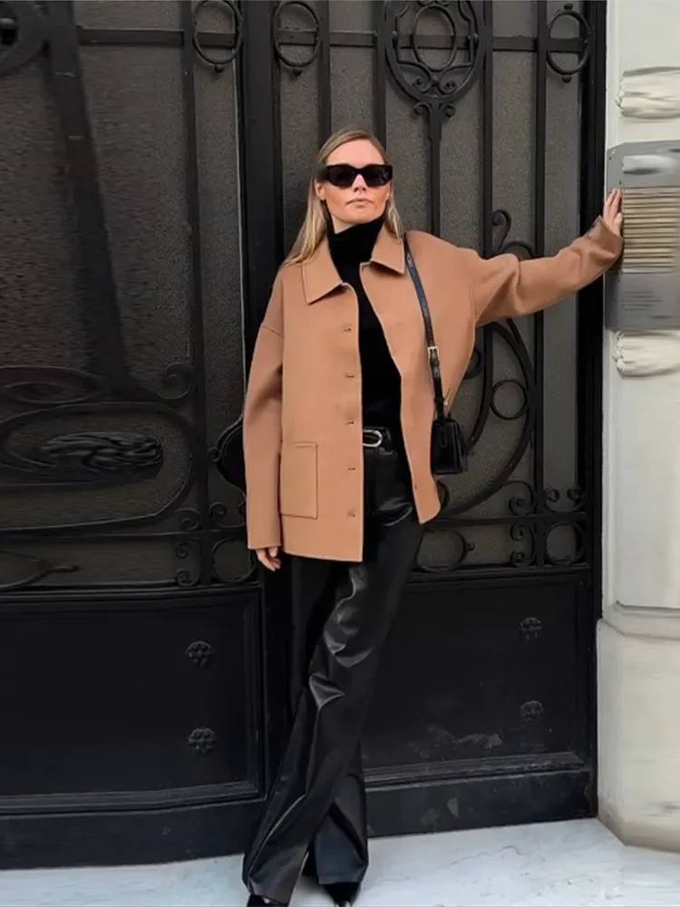 

Autumn Brown Single Breasted Woolen Coat Women Fashion Lapel Long Sleeves Pocket Jacket Chic Lady Commuting Street Outerwear