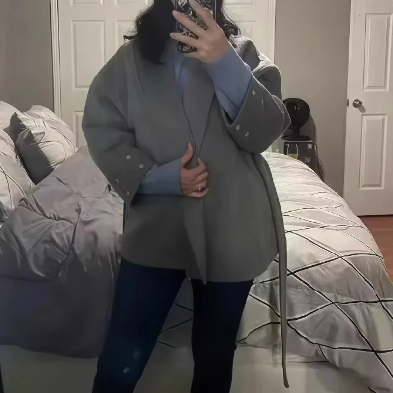 Lapel Coats Women 2025 Autumn Plush Lace Up Vintage Solid Faux Fur Sleeve Tweed Open Female Winter Casual Street Outwear Jacket