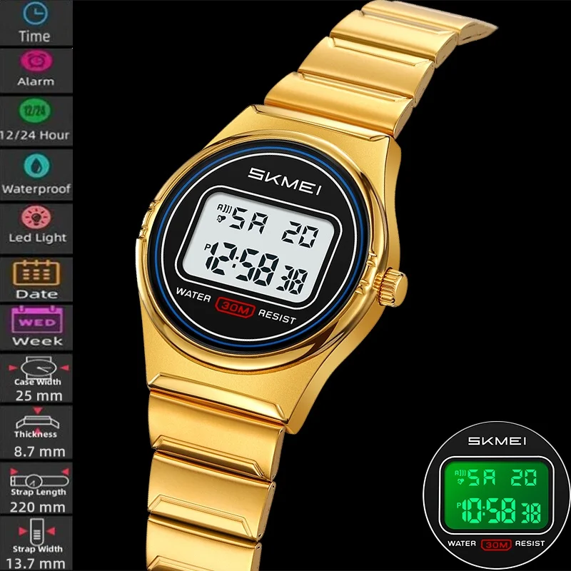 Skmei Womens Digital Watches Luxury Steel Strap LED Light Mineral Glass Dial Lady Waterproof Alarm Clock Date Week Display
