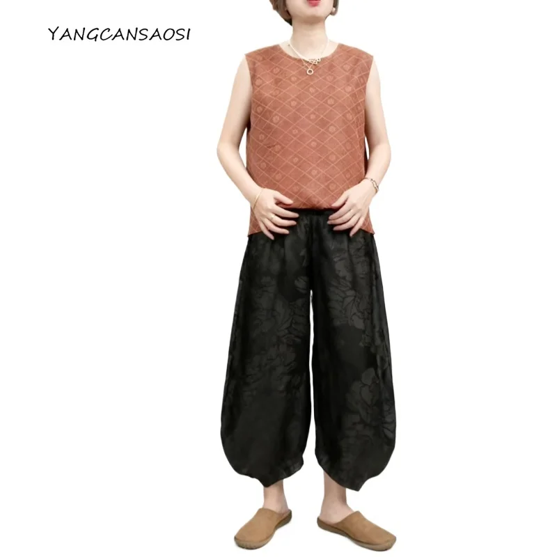 

Fashionable Peony Pattern Versatile Comfortable 100% Natural Mulberry Silk Gambiered Guangdong Gauze Black Casual Pants