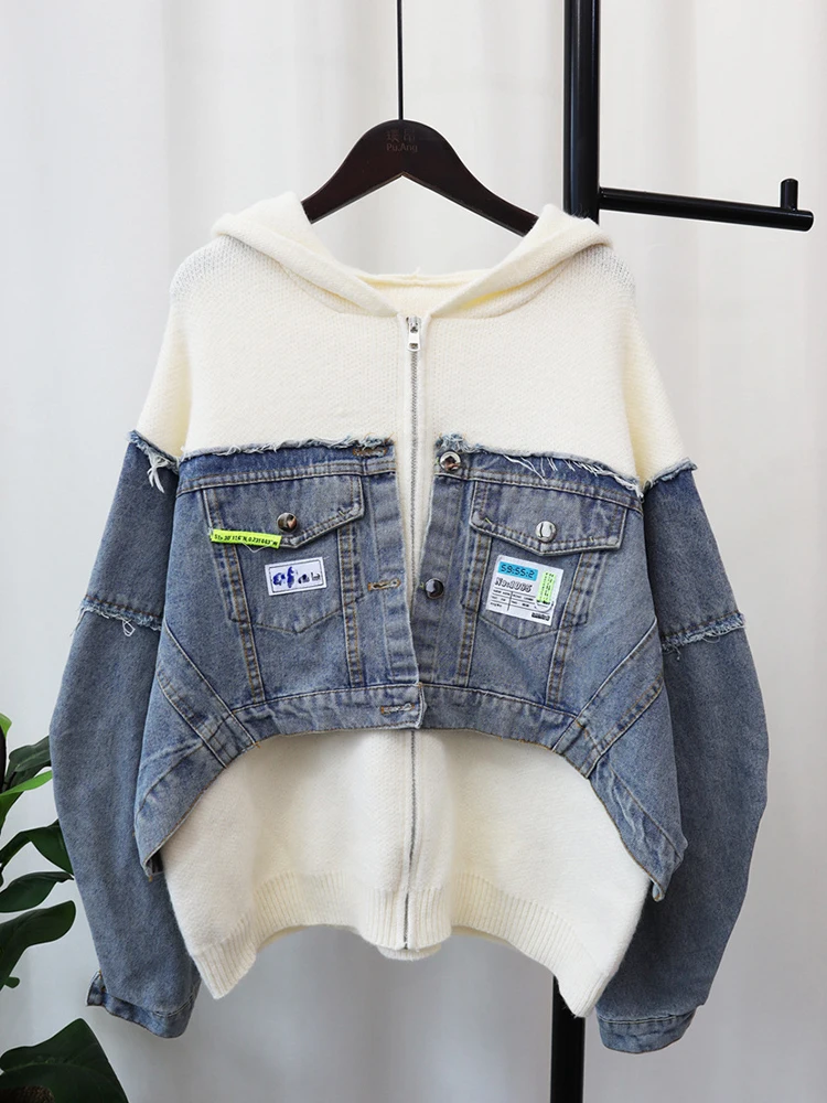 Denim Patchwork Cardigan Coat Women Long Sleeve Hooded Loose Letter Patch Sweater Jacket 2026 Autumn Winter New
