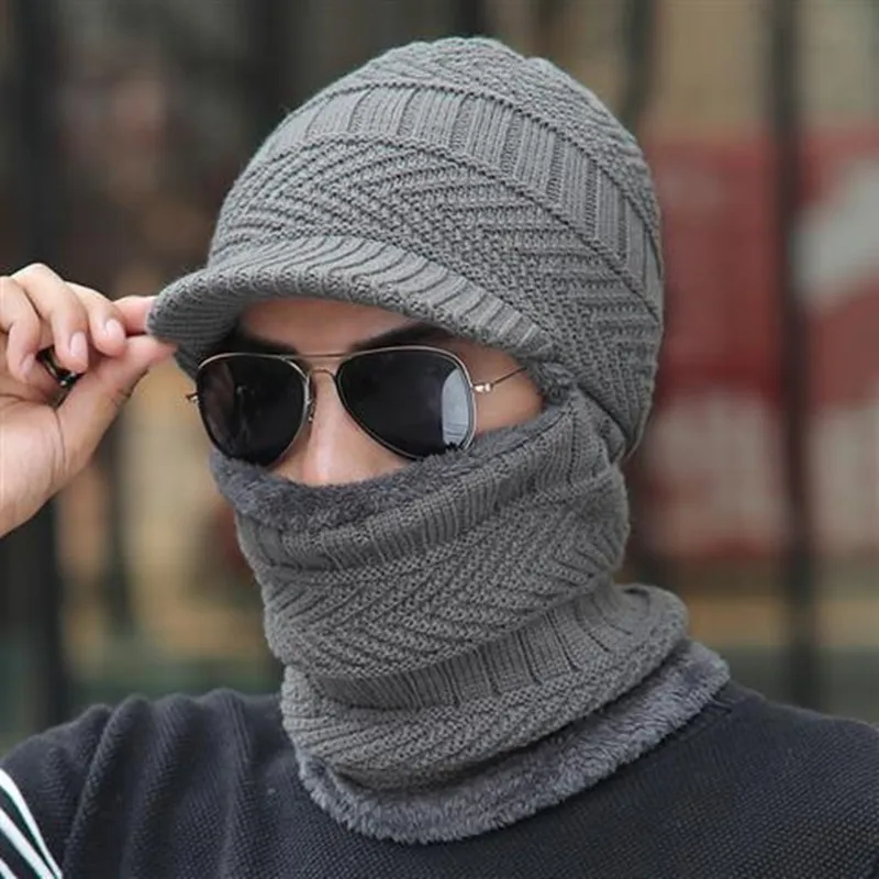 Gestrickte Visier Winter mütze verdicken warme Ohren schützer Schädel Mützen für Männer Frauen Wolle Schal Mützen Radfahren Ski maske Sturmhaube Motorhaube