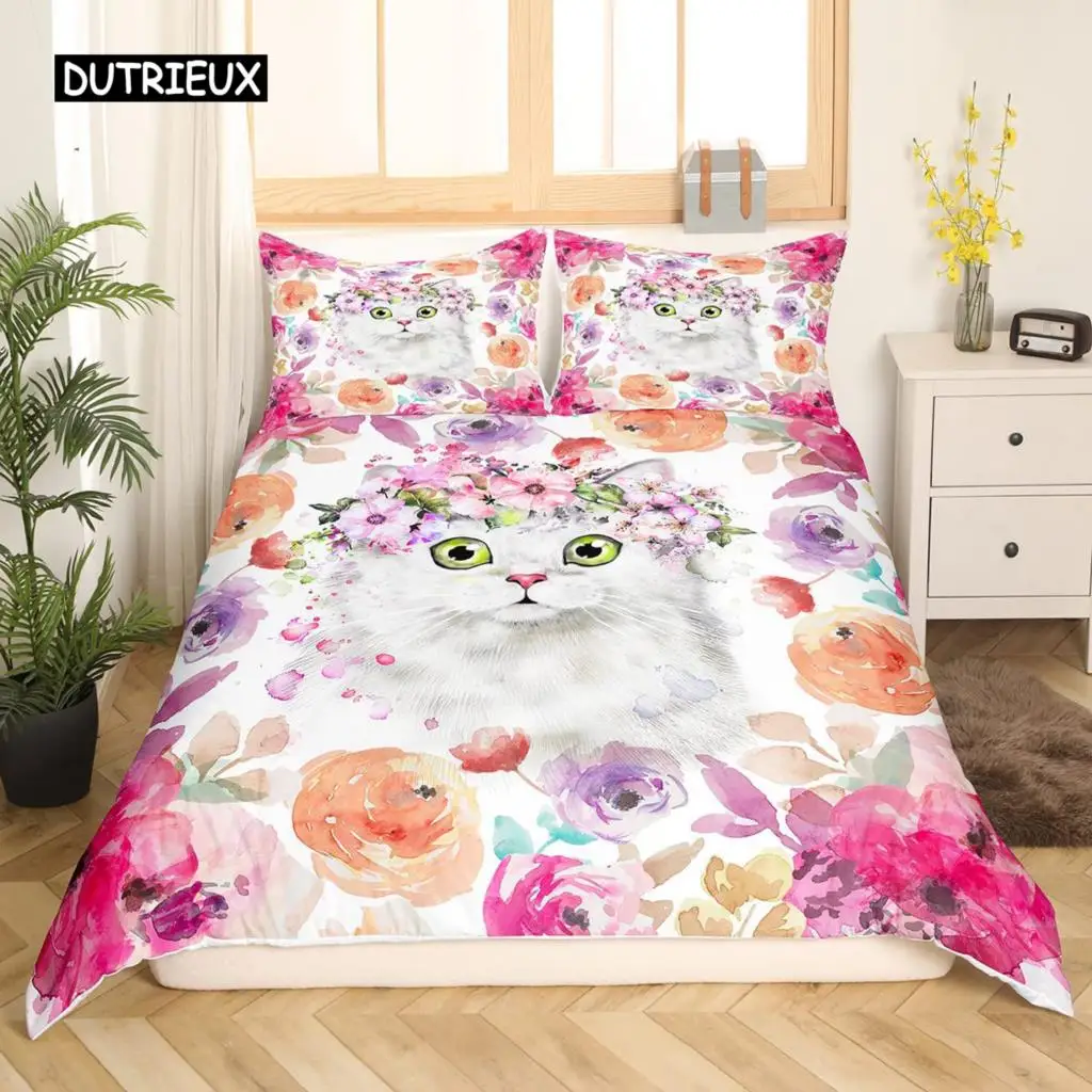 

White Cat Flower King Queen Duvet Cover Kitten Bedding Set Pet Animal Polyester Quilt Cover Girls Pink Floral Comforter Cover