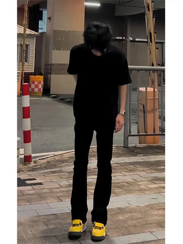 

American Vibe Bla Elastic Denim Jeans Men High School Students Haome Narrow Version Slim Straight Micro Flared Pants