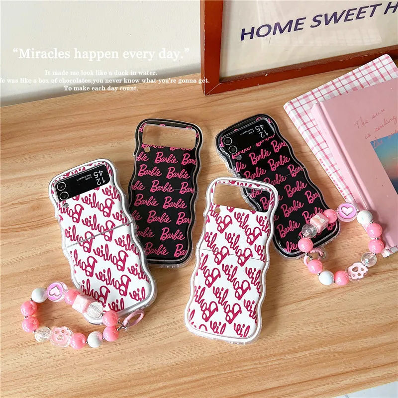 Cartoon B-Barbies Princess with Lanyard Phone Case for Samsung Galaxy Z Flip 3 4 5 5G PC Hard Anti-drop Back Cover Funda