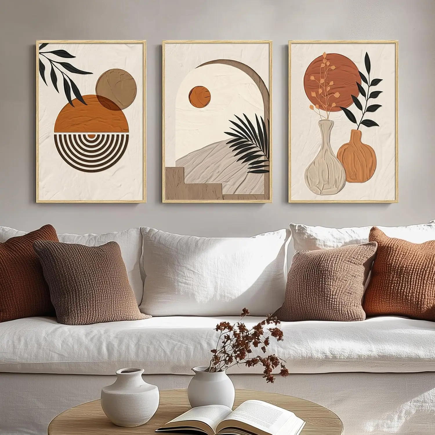 

3pcs/Set Bohemian Neutral Orange Canvas Painting Artworks on The Walls, Modern Living Room, Bedroom, Office and Home Decoration