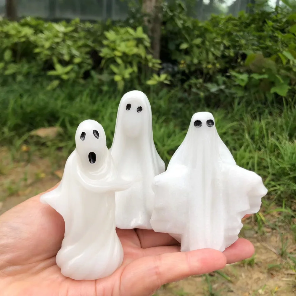 3pcs Natural White Marble Halloween Ghost Carving Statue Healing Fengshui Energy Stone Craft Christmas Gift