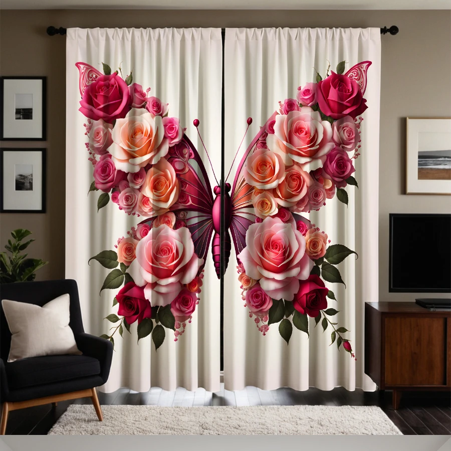 2PCS Digital Print Curtains, Butterfly Shaped Roses, Unique Floral Insect Decor Creative Nature Fusion Living Room Drapes