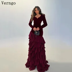 Verngo Burgundy Bordeaux Evening Dress O Neck Full Sleeves Tiered Prom Gown Arabic Formal Occasion Dresses Customized