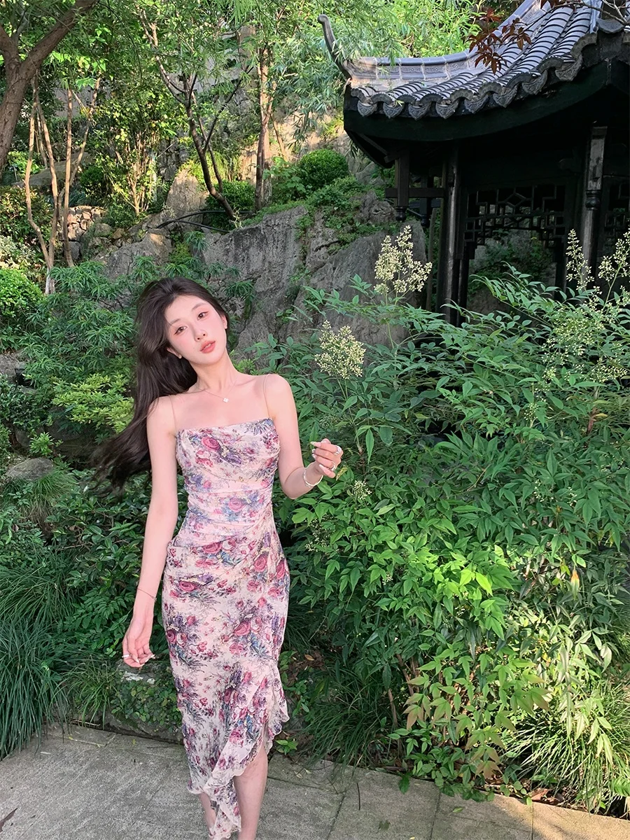 

Achi Pink Floral Georgette Chiffon Strapl Dr Women's Slim Fit Asymmetrical Long Dr Casual Summer Gown