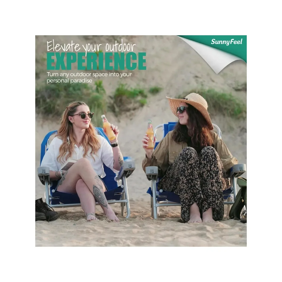 كرسي شاطئ قابل للطي من الألومنيوم، 3 أوضاع، ظهر منخفض ومسند ذراع خشبي، شريط أزرق 300 رطل