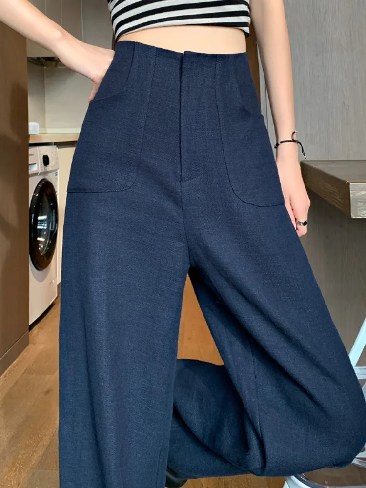 

Summer Thin Wide Leg Pants High Waist Drapey Straight Ice Silk Cotton Linen Korean Style Casual Pants for Women