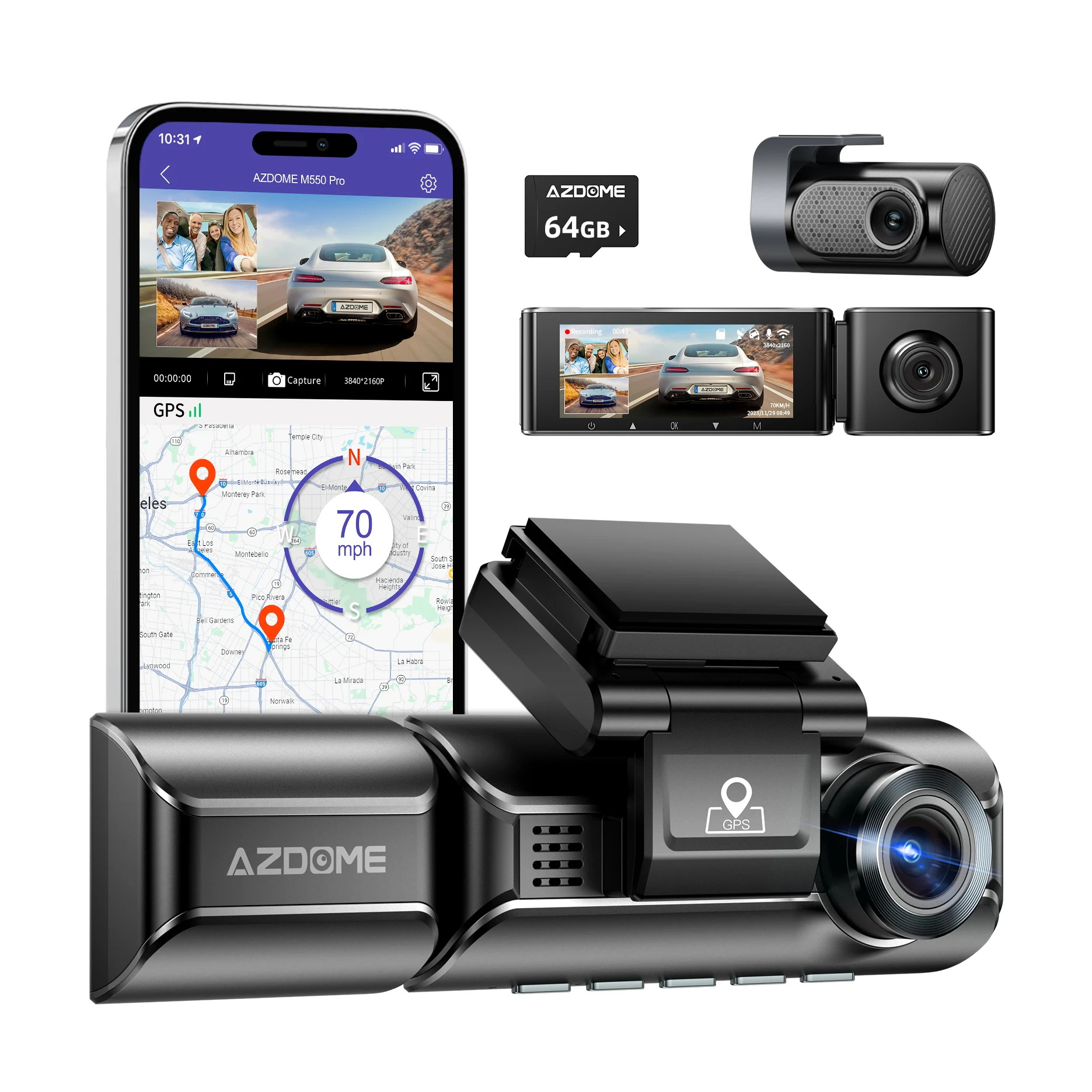 AZDOME M550 Pro-3CH Lens Dash Camera Car DVR Recorder With Built In 5G WiFi GPS 6 IR LED Light Super Night Vision Black BoX