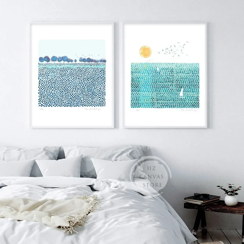 Watercolor Abstract Landscape Posters and Prints Blue and Green Sea Canvas Printings Modern Wall Art Picture Living Room Decor