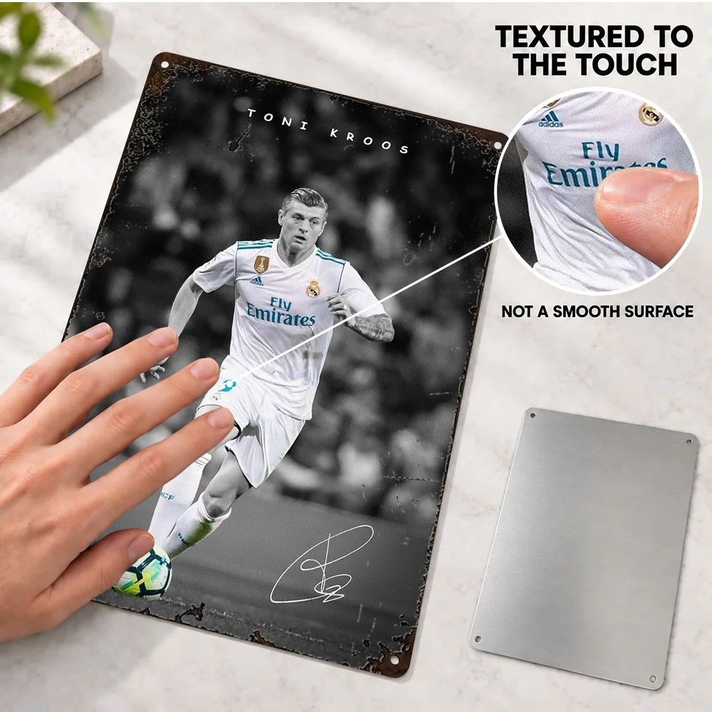 Toni Kroos Football Kick Printed Poster Personalized Aluminum Metal Sign White Jersey Illustration Wall Art For Sports Lounge