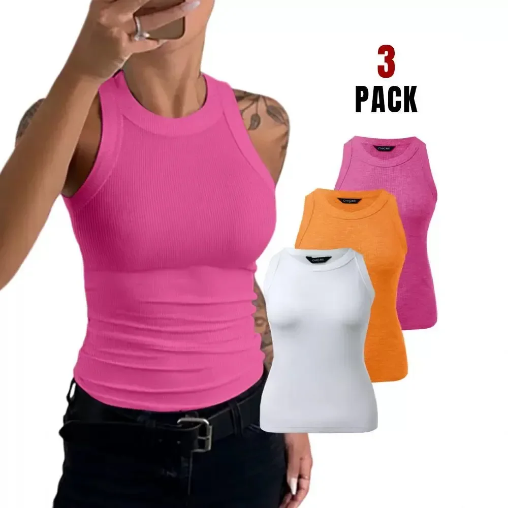 

3-Pack Round Neck Knit Thick Strap Racerback Tank Tops Women Sleeveless Vest Tanks Tops