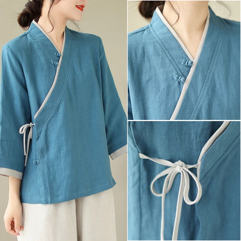 

New Chinese Artistic Women's Cotton Linen Shirt Spring Autumn New Style Hanfu Reformed Button up Vintage Zen Tea Costume