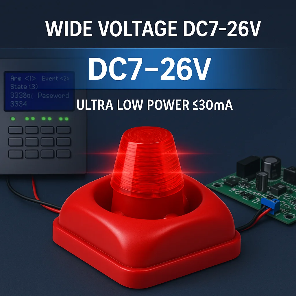 Alarme de som e flash LED 115dB · Entrada DC12/24V (7-26V) · 120FPM · Baixa potência ≤30mA · Para painéis de segurança/controle de acesso