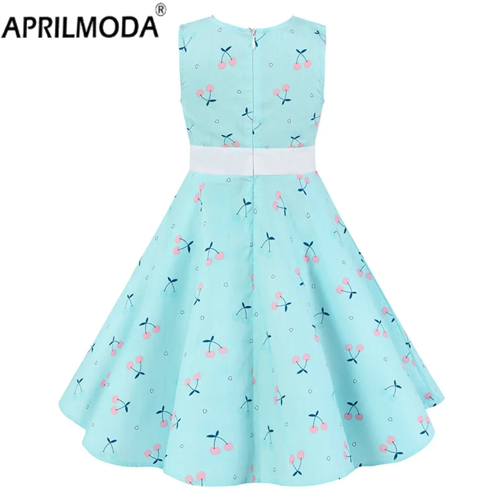 2025 50s Rockabilly Vintage Dress for Children Kids Pink Blue Swing Cotton Retro Cherry Floral Print Summer Dress for Girl Cute