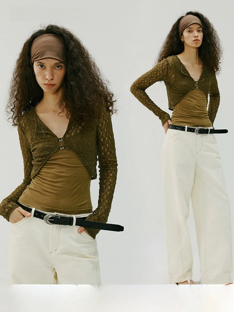 

FAE Elastic Lace ort Top Summer New Sle Irregular Long Sve T-irt Casual Sle Hollow out V-Ne Slim Fit Women's Tee