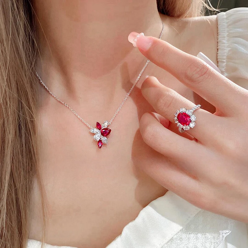 Brand Pure 925 Sterling Silver Jewelry For Women Red Lotus Flower Necklace Pendant Luck Clover Sakura Wedding Brooch Pendant