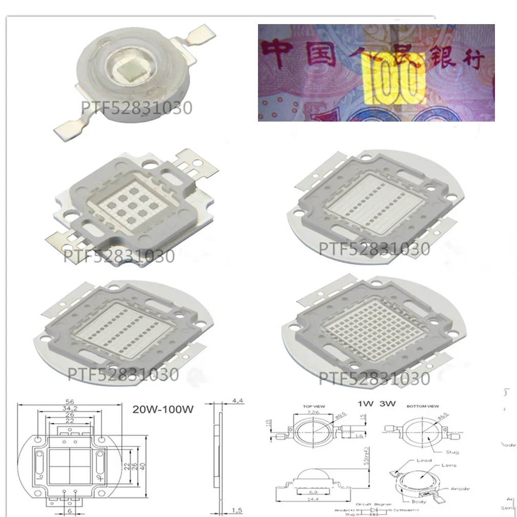 UV  LED Ultraviolet Bulbs Lamp Chips 365nm 375nm 380nm 385nm 395nm 400nm 405nm 3W 5W 10W 20W 30W 50W 100W High Power Light