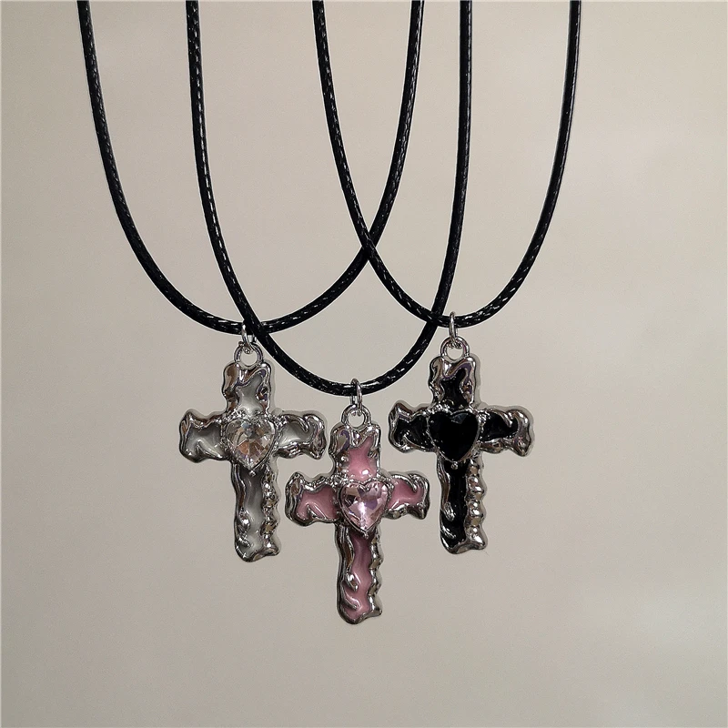 New Simple Cross Pendent Necklace Black Leather Rope Fashion Antique Silver Color Alloy Punk Jewelry For Women Men Gift