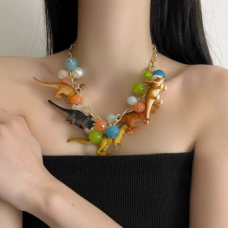 Exaggerated Three-Dimensional Color Dinosaur Pendant Necklace for Men Women 2025 New Sweet Cool Fashion Trend Beaded Necklace