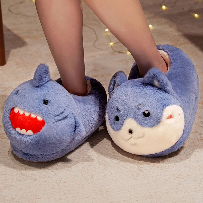 Cute Cartoon Slippers Women Men Winter Home Indoor Shoes Soft Sole Warm Plush Girls Boys Shark Husky Duck Funny Footwear