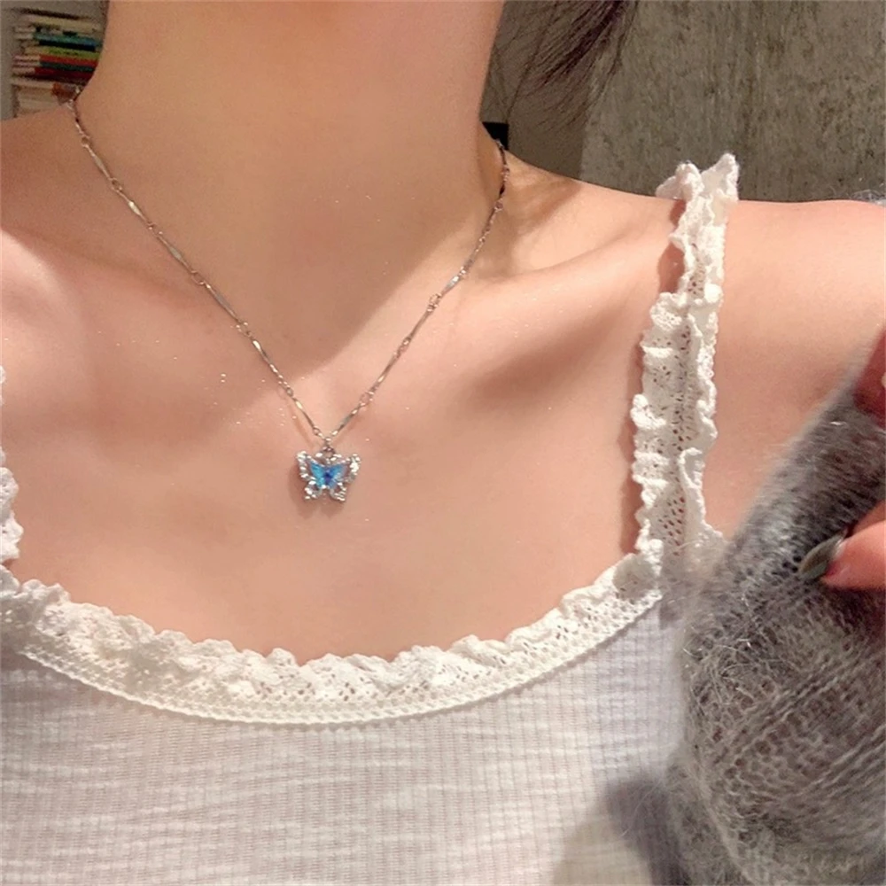 New Romantic Blue Crystal Butterfly Necklace Women Girls Bilayer Choker Clavicle Chain Fashion Delicate Zircon Sparkling Pendant