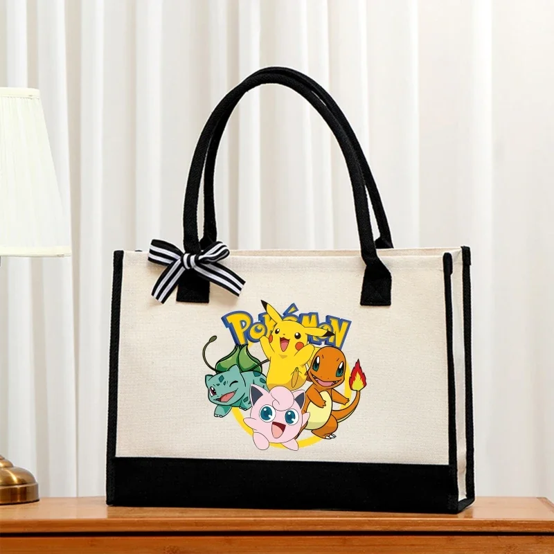 Pokemon moda sacola pikachu bolsa portátil feminina grande capacidade bonito dos desenhos animados impressão à prova dwaterproof água lona saco de compras