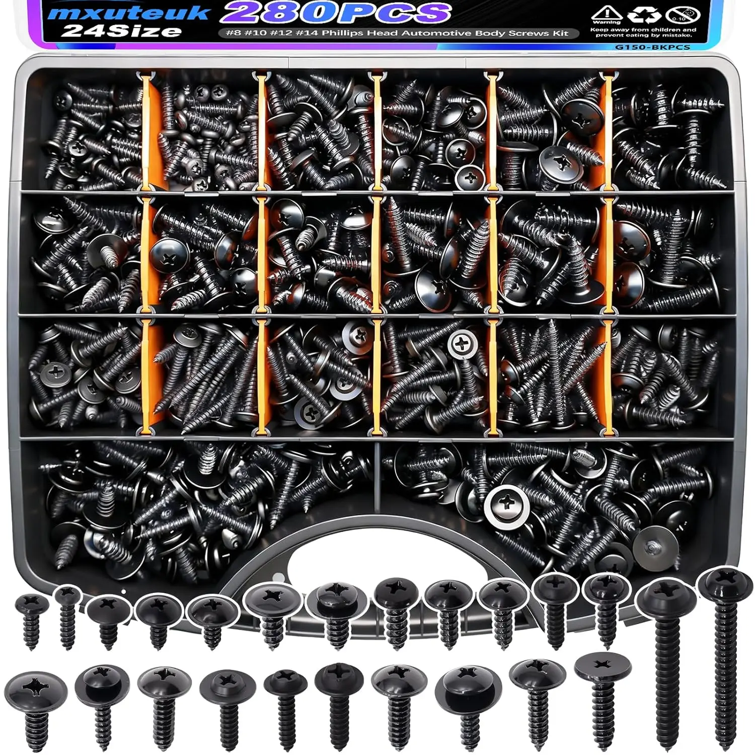 

280PCS Automotive Screws Kit, Phillips Head Self Tapping Screws in 24 Sizes (#8 #10 #12 #14)