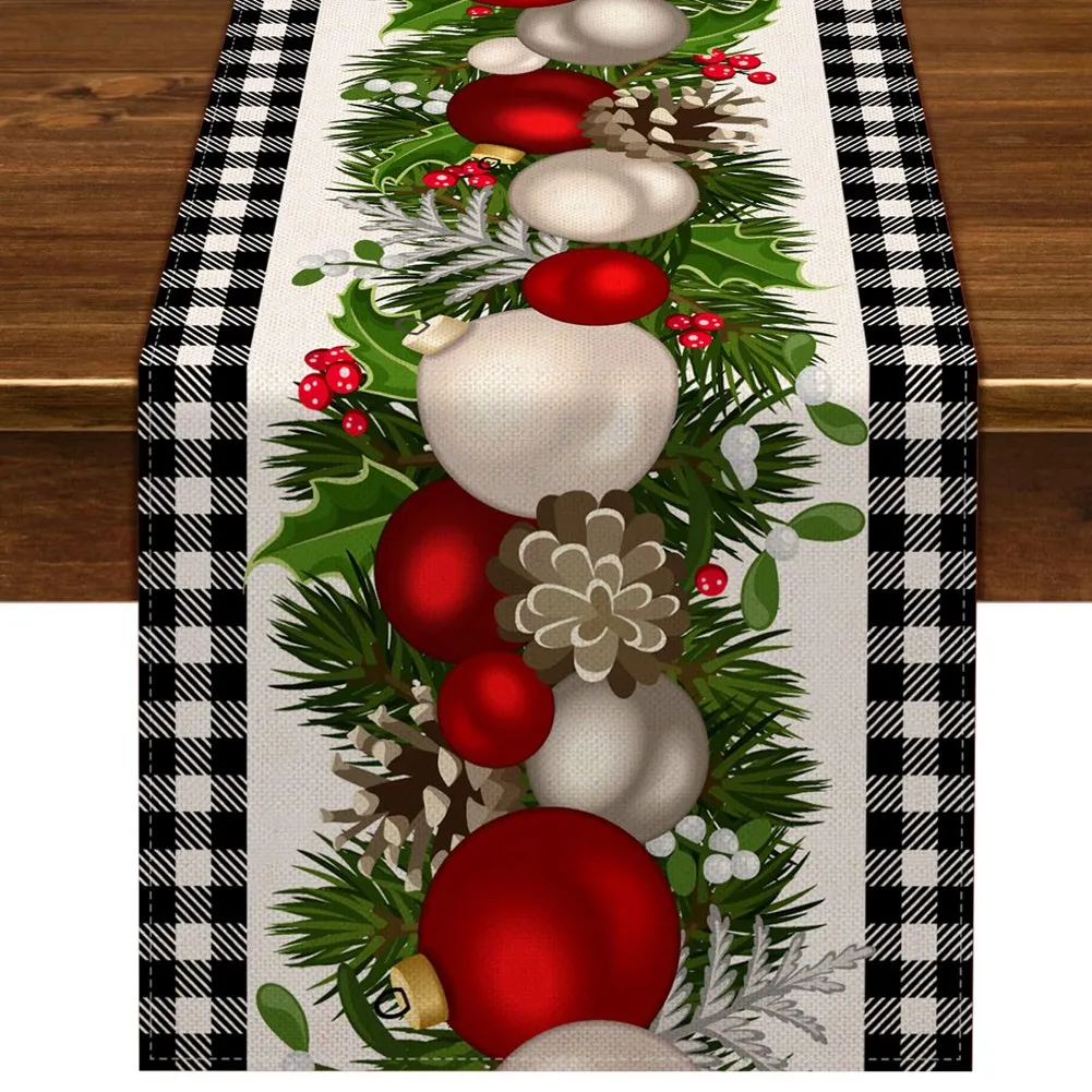 Black and White Gingham Christmas Table Runner Check Plaid Xmas Decoration Holiday Home Kitchen Decor