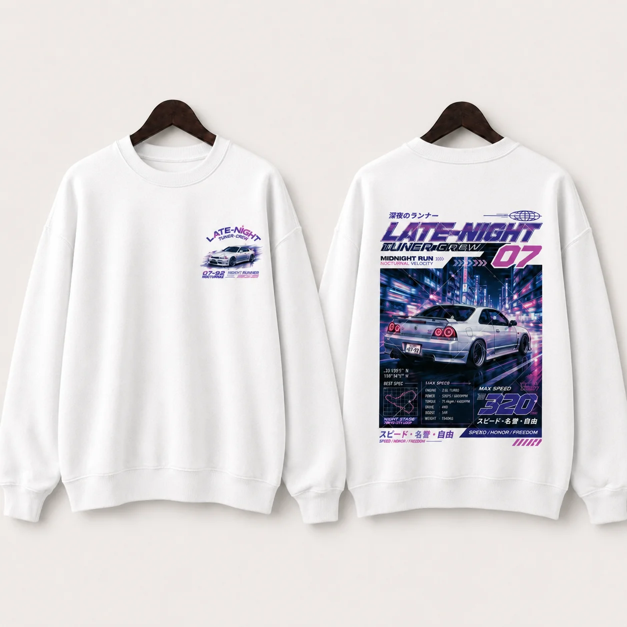 JDM Midnight Run Crewneck Sweatshirt Men Women Double Sided Print Late‑Night Tuner Car Graphic Pullover Retro Racing Streetwear